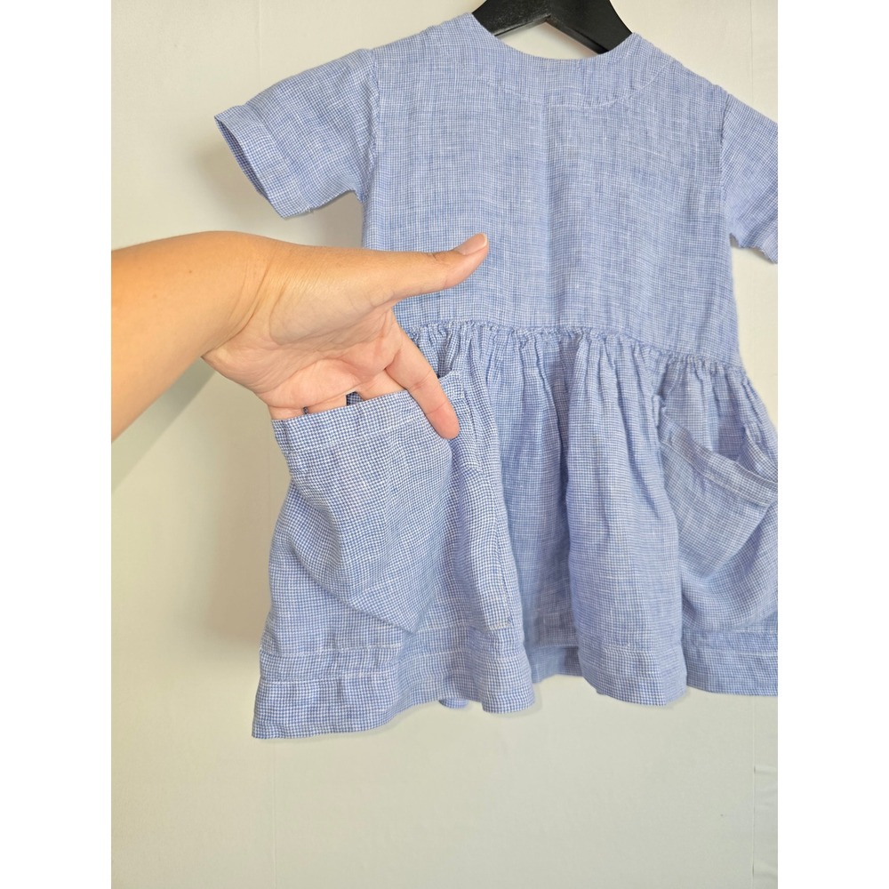 As We Grow Girls 100% Linen Dress 18 months Blue Micro Check Pockets coastal - Picture 3 of 7